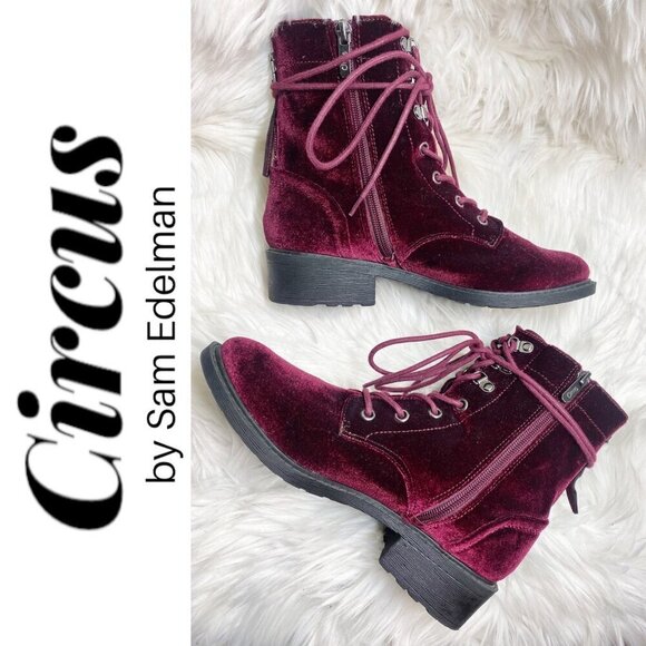 CIRCUS BY SAM EDELMAN Dawson Red Velvet Studded Combat Boot, Size 7 - Picture 4 of 14